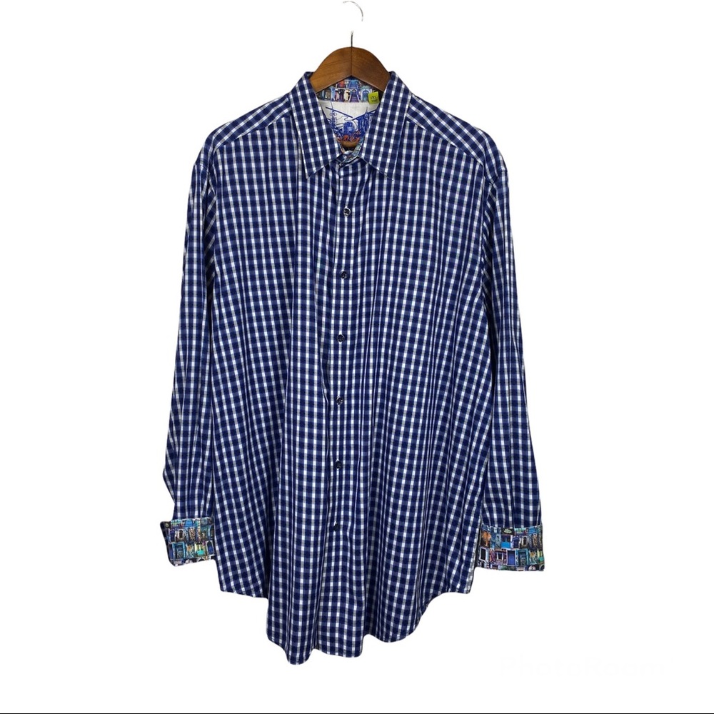 Robert‎ Graham Blue Plaid Art to Wear Buildings printed cuffs 1XL